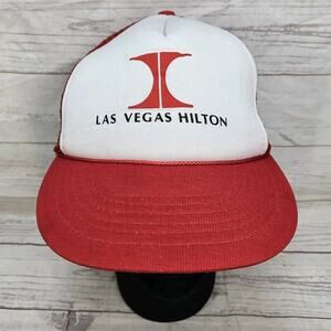 Vintage Las Vegas Hilton Hotel Casino Red White Mesh Trucker Rope Snapback Hat